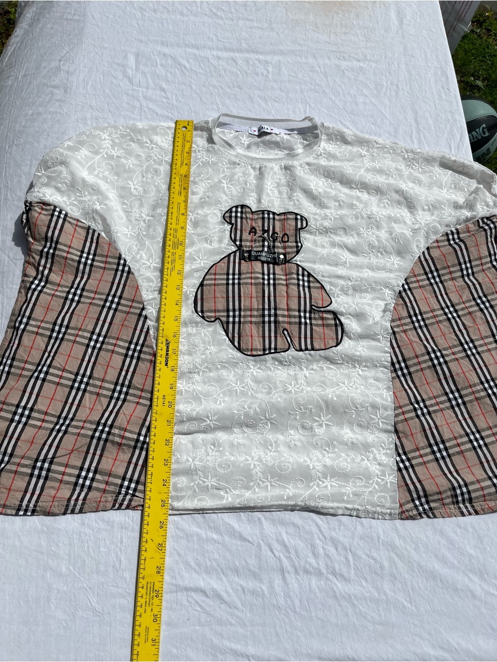 Women’s  White Long-Sleeve Top with Beige Plaid Teddy Accent